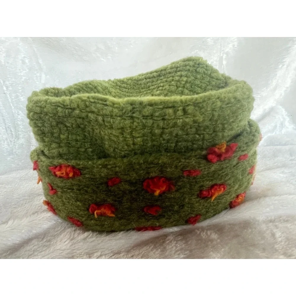 Pillbox Hat Green Wool Felt Munki‎ Munki Kids M Floral Textured USA